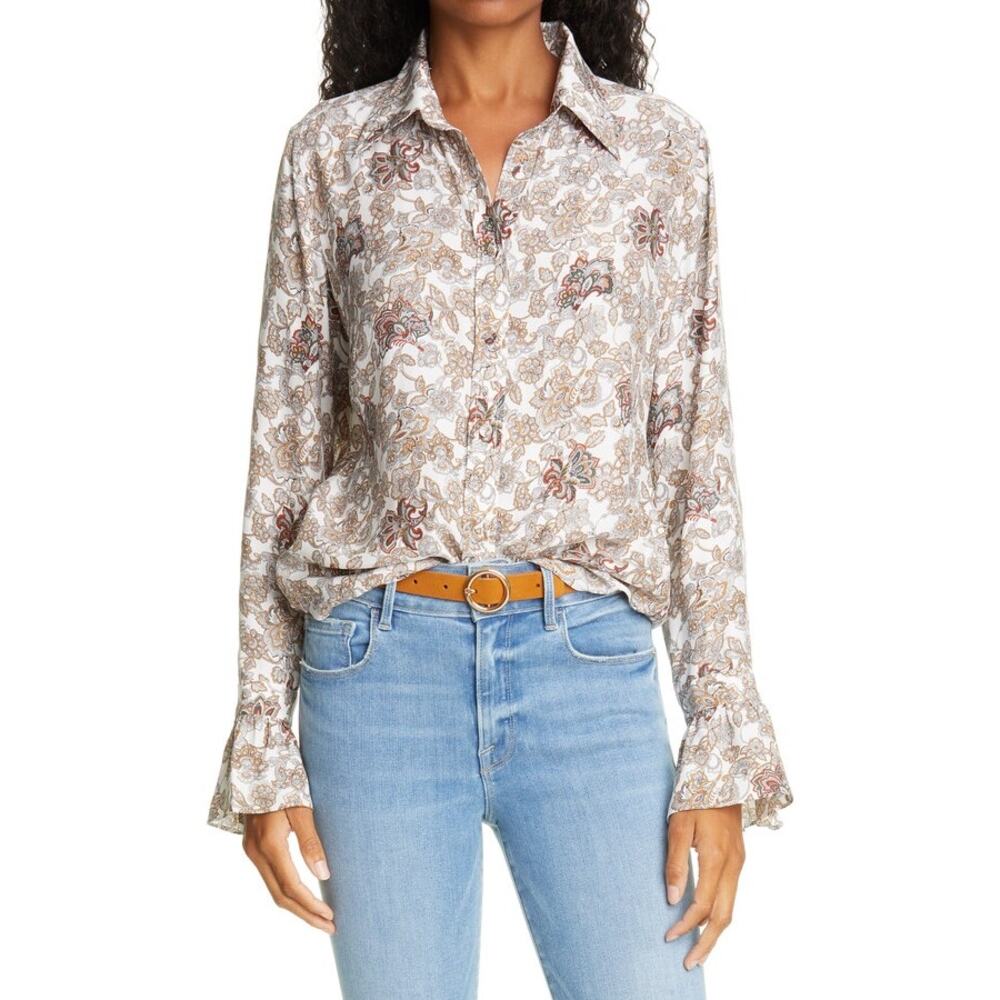 FRAME '70s Silk Blouse Off White Sz Small Ivory Taupe Paisley Chic Sexy Menswear